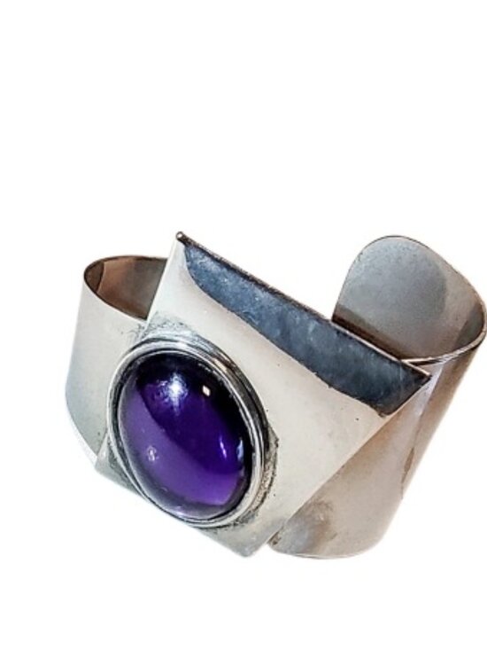 Vintage Jewelry - 1990s Vintage Large Geometric Chrome Cuff Bracelet With A Purple Glass Stone